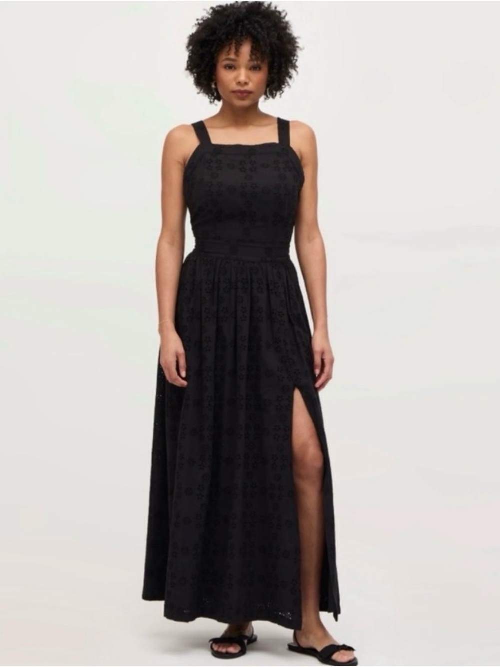 Hill House Addie Black Eyelet Square-Neck Maxi Dress with High Slit